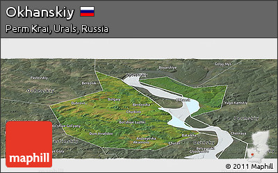 Satellite Panoramic Map of Okhanskiy, semi-desaturated