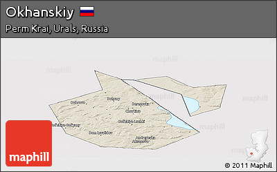 Shaded Relief Panoramic Map of Okhanskiy, cropped outside