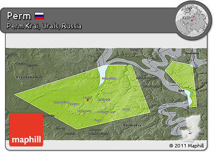 Physical 3D Map of Perm, darken, semi-desaturated