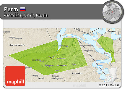 Physical 3D Map of Perm, shaded relief outside