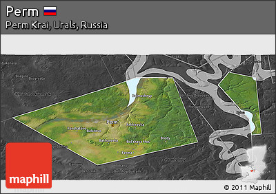 Satellite 3D Map of Perm, darken, desaturated