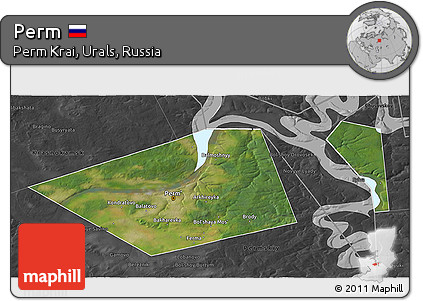 Satellite 3D Map of Perm, darken, desaturated