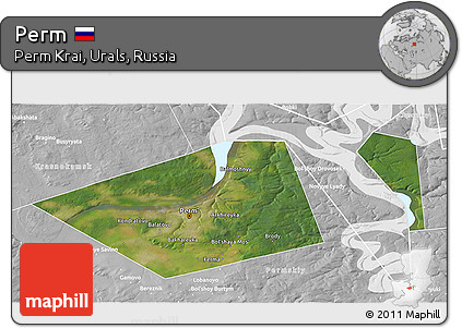 Satellite 3D Map of Perm, lighten, desaturated