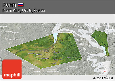 Satellite 3D Map of Perm, lighten, semi-desaturated