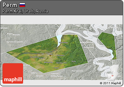 Satellite 3D Map of Perm, lighten, semi-desaturated