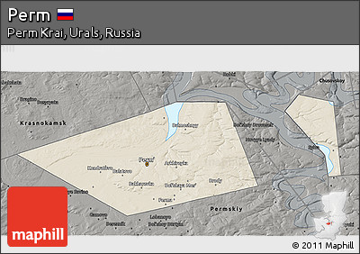 Shaded Relief 3D Map of Perm, darken, semi-desaturated