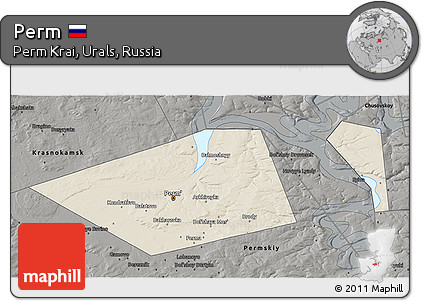 Shaded Relief 3D Map of Perm, darken, semi-desaturated