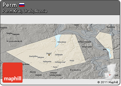 Shaded Relief 3D Map of Perm, darken, semi-desaturated