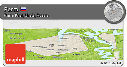 Shaded Relief Panoramic Map of Perm, physical outside