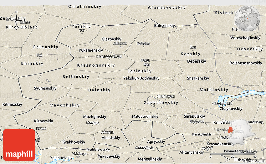Shaded Relief Panoramic Map of Udmurt Republic