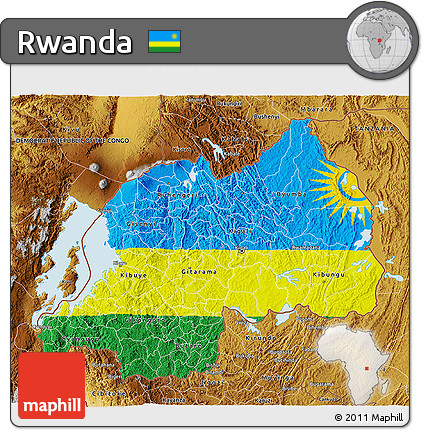 Flag 3D Map of Rwanda, physical outside, flag centered