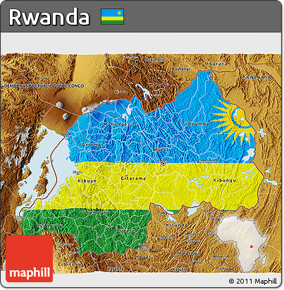Flag 3D Map of Rwanda, physical outside, flag centered