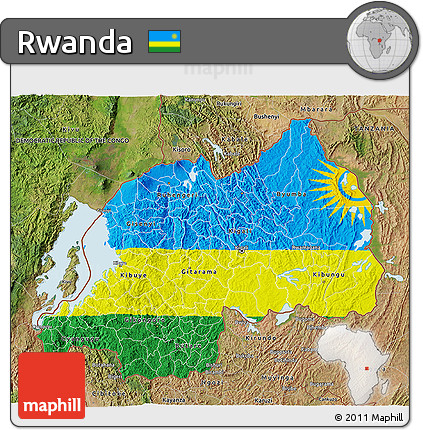 Flag 3D Map of Rwanda, satellite outside, bathymetry sea, flag centered