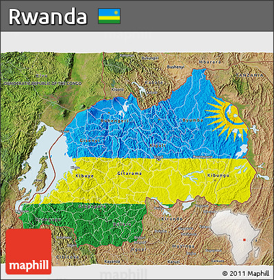 Flag 3D Map of Rwanda, satellite outside, bathymetry sea, flag centered
