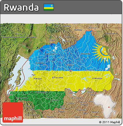 Flag 3D Map of Rwanda, satellite outside, bathymetry sea, flag centered