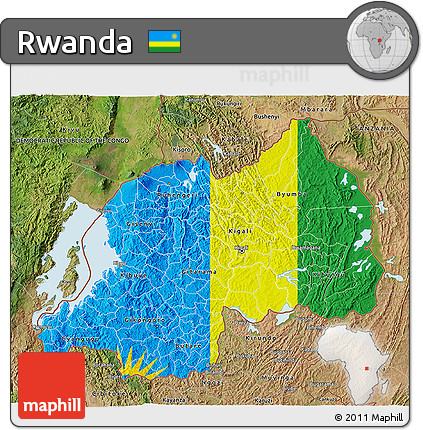Flag 3D Map of Rwanda, satellite outside, bathymetry sea, flag aligned to the middle
