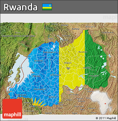 Flag 3D Map of Rwanda, satellite outside, bathymetry sea, flag aligned to the middle