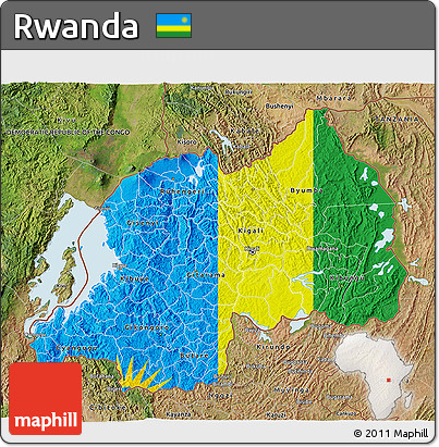 Flag 3D Map of Rwanda, satellite outside, bathymetry sea, flag aligned to the middle