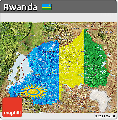 Flag 3D Map of Rwanda, satellite outside, bathymetry sea, flag rotated