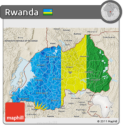 Flag 3D Map of Rwanda, shaded relief outside, bathymetry sea, flag aligned to the middle