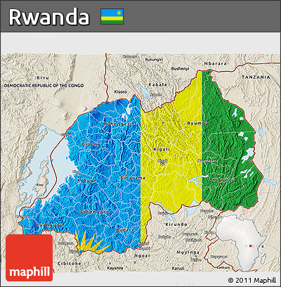Flag 3D Map of Rwanda, shaded relief outside, bathymetry sea, flag aligned to the middle