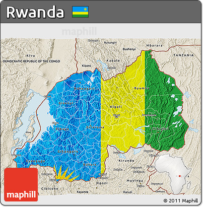 Flag 3D Map of Rwanda, shaded relief outside, bathymetry sea, flag aligned to the middle