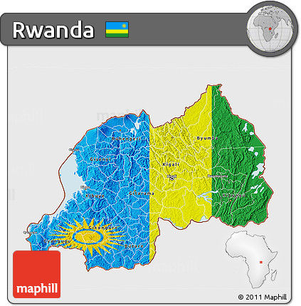 Flag 3D Map of Rwanda, single color outside, bathymetry sea, flag rotated