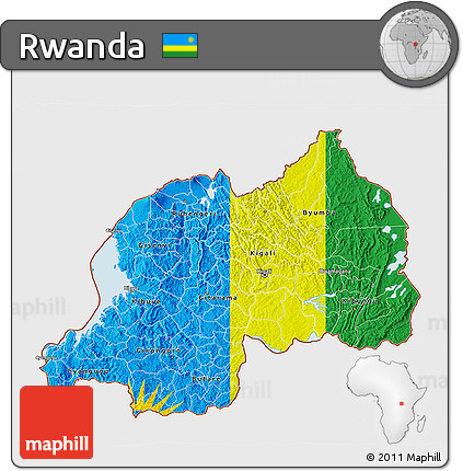 Flag 3D Map of Rwanda, single color outside, satellite sea, flag aligned to the middle