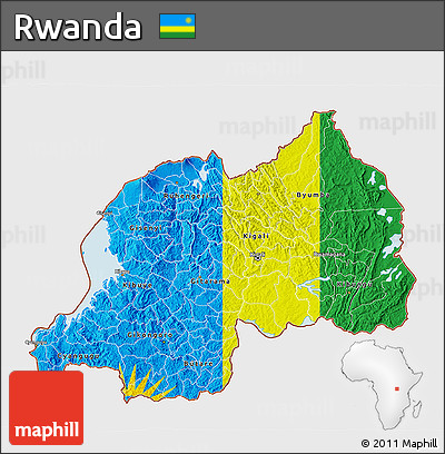 Flag 3D Map of Rwanda, single color outside, satellite sea, flag aligned to the middle