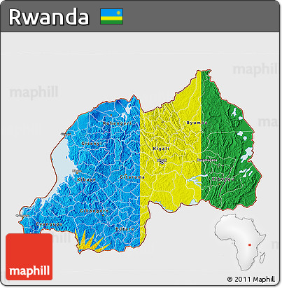 Flag 3D Map of Rwanda, single color outside, satellite sea, flag aligned to the middle