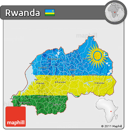 Flag 3D Map of Rwanda, single color outside, satellite sea