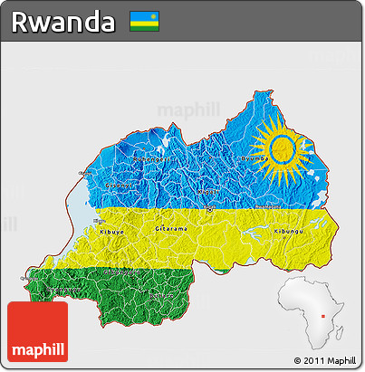 Flag 3D Map of Rwanda, single color outside, satellite sea