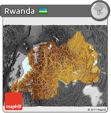 Physical 3D Map of Rwanda, darken, desaturated, land only