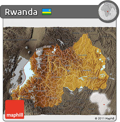 Physical 3D Map of Rwanda, darken, semi-desaturated, land only