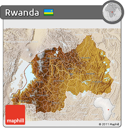 Physical 3D Map of Rwanda, lighten, land only