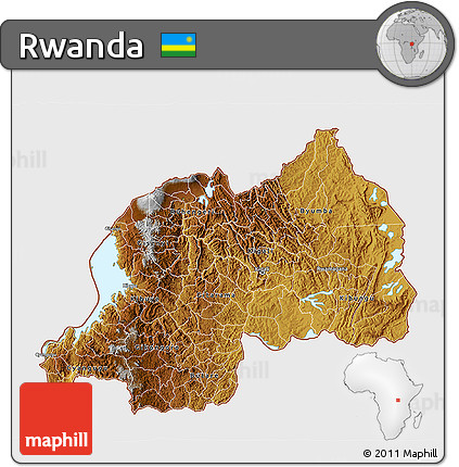 Physical 3D Map of Rwanda, single color outside, bathymetry sea, shaded relief sea