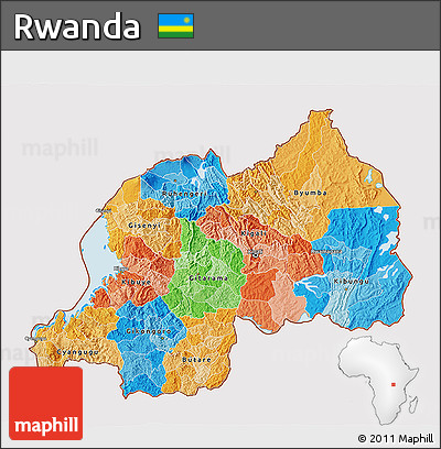 Political 3D Map of Rwanda, single color outside, shaded relief sea