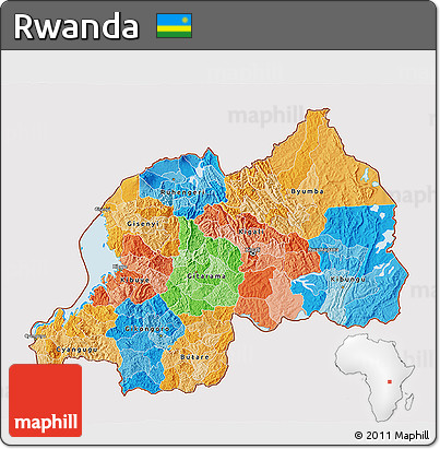 Political 3D Map of Rwanda, single color outside, shaded relief sea