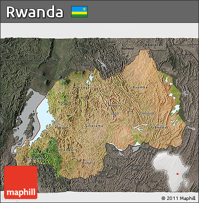 Satellite 3D Map of Rwanda, darken, semi-desaturated