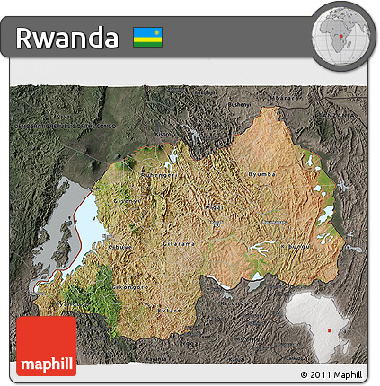 Satellite 3D Map of Rwanda, darken, semi-desaturated