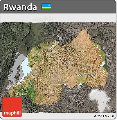 Satellite 3D Map of Rwanda, darken, semi-desaturated
