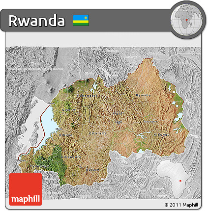 Satellite 3D Map of Rwanda, lighten, desaturated