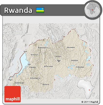 Shaded Relief 3D Map of Rwanda, lighten, semi-desaturated