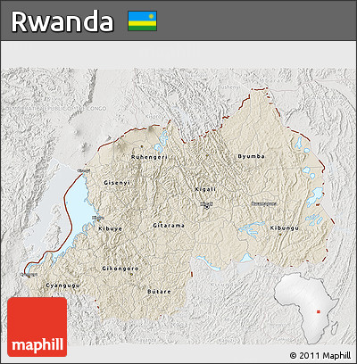 Shaded Relief 3D Map of Rwanda, lighten, semi-desaturated
