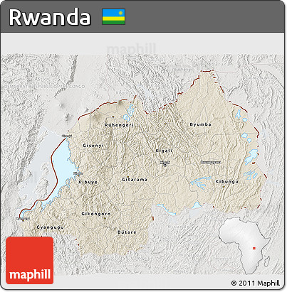 Shaded Relief 3D Map of Rwanda, lighten, semi-desaturated