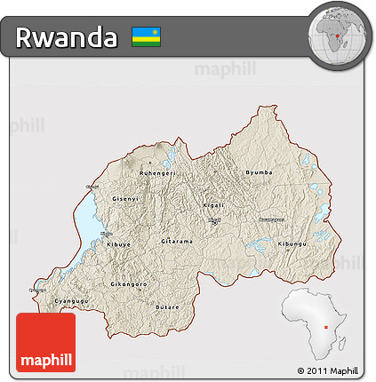 Shaded Relief 3D Map of Rwanda, single color outside