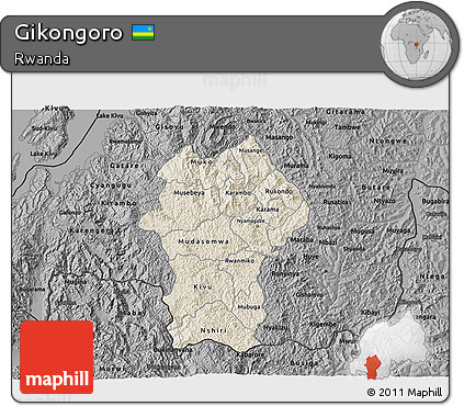 Shaded Relief 3D Map of Gikongoro, darken, desaturated