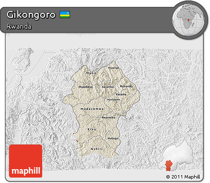 Shaded Relief 3D Map of Gikongoro, lighten, desaturated