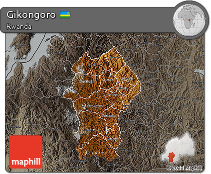 Physical Map of Gikongoro, darken, semi-desaturated