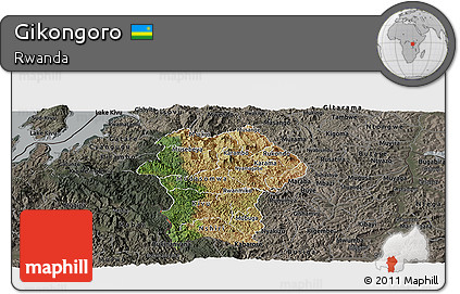 Satellite Panoramic Map of Gikongoro, darken, semi-desaturated